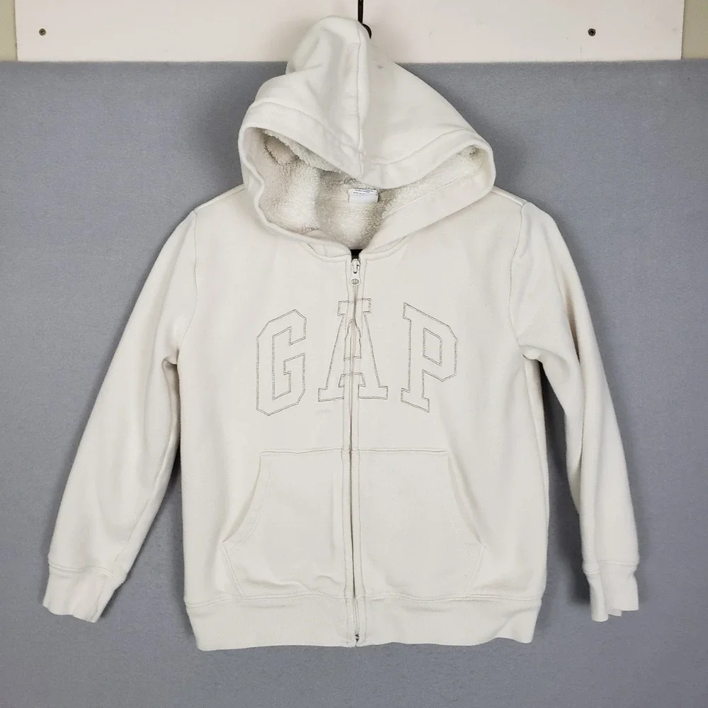 GAP Kids Size L Sherpa Lined Hoodie Sweatshirt Cream Full Zip Comfy Lounge‎ Cozy